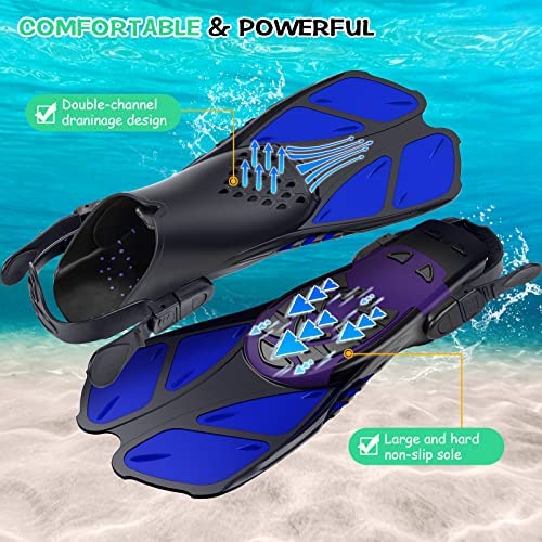 Blue Adjustable Open Heel Snorkel Fins, Travel-Size Short Swim Flippers for Snorkeling, Diving & Swimming, Adult Men & Women（S/M）.