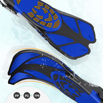Blue Adjustable Open Heel Snorkel Fins, Travel-Size Short Swim Flippers for Snorkeling, Diving & Swimming, Adult Men & Women（S/M）.