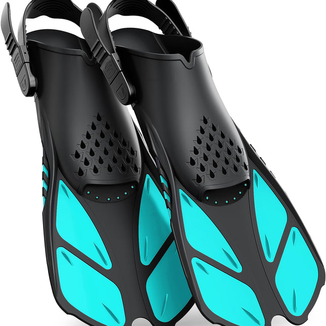 Green Adjustable Open Heel Snorkel Fins, Travel-Size Short Swim Flippers for Snorkeling, Diving & Swimming, Adult Men & Women（L/XL）.