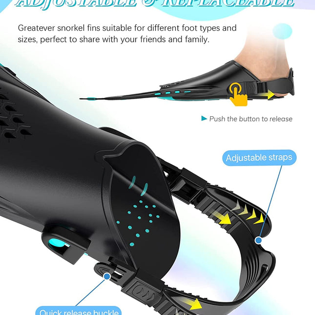 Green Adjustable Open Heel Snorkel Fins, Travel-Size Short Swim Flippers for Snorkeling, Diving & Swimming, Adult Men & Women（L/XL）.