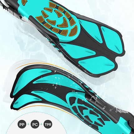 Green Adjustable Open Heel Snorkel Fins, Travel-Size Short Swim Flippers for Snorkeling, Diving & Swimming, Adult Men & Women（L/XL）.