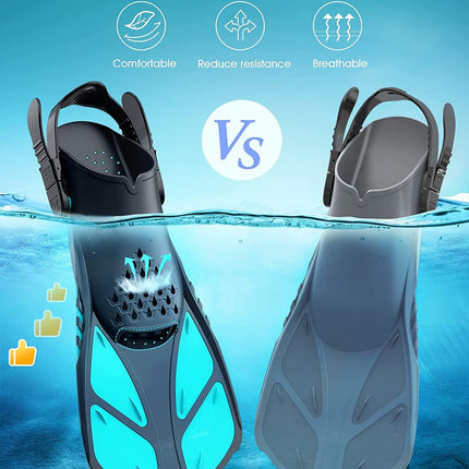 Green Adjustable Open Heel Snorkel Fins, Travel-Size Short Swim Flippers for Snorkeling, Diving & Swimming, Adult Men & Women（S/M）.