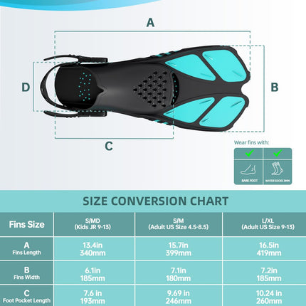 Green Adjustable Open Heel Snorkel Fins, Travel-Size Short Swim Flippers for Snorkeling, Diving & Swimming, Adult Men & Women（S/M）.
