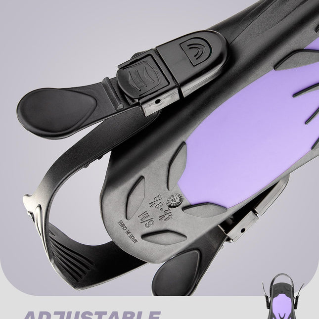Purple Adjustable Open Heel Snorkel Fins, Travel-Size Short Swim Flippers for Snorkeling, Diving & Swimming, Adult Men & Women（L/XL）.