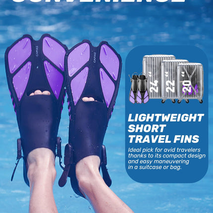 Purple Adjustable Open Heel Snorkel Fins, Travel-Size Short Swim Flippers for Snorkeling, Diving & Swimming, Adult Men & Women（L/XL）.
