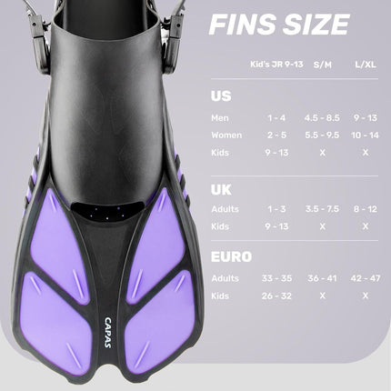 Purple Adjustable Open Heel Snorkel Fins, Travel-Size Short Swim Flippers for Snorkeling, Diving & Swimming, Adult Men & Women（S/M）.