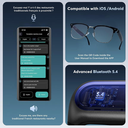 AI Smart Translation Glasses: 110+ Languages, Photochromic Lenses, Bluetooth – Ideal for Travel, Business & Daily Use（black）.