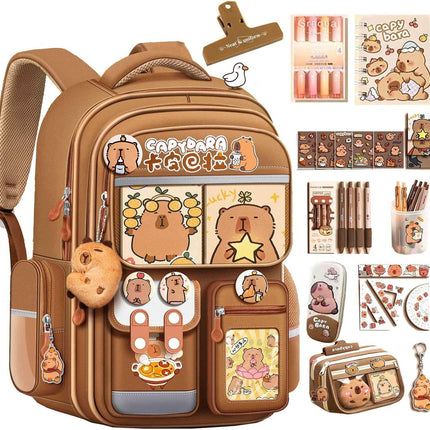 Cute Capybara Backpack with Chic Case and More Pins Ita Bag Cartoon Laptop Travel Utility Funny Going Out Casual Bag(Khaki).