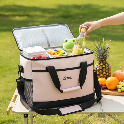 Beige Insulated Picnic Cooler Bag: Portable Waterproof Ice Bag for Outdoor Camping, Picnics & Home Use（30L）.