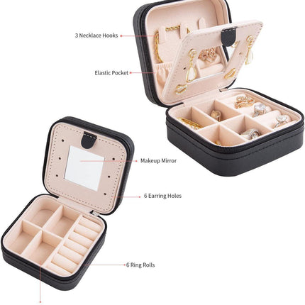 Black Travel Jewelry Box with Mirror: Sleek, Organised Storage for Rings, Necklaces & Earrings, Ideal for Aussies.
