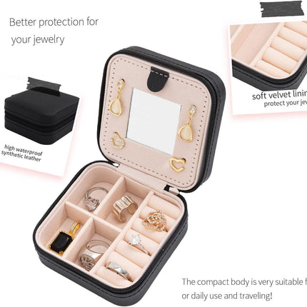 Black Travel Jewelry Box with Mirror: Sleek, Organised Storage for Rings, Necklaces & Earrings, Ideal for Aussies.