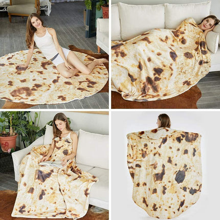 Burritos Tortilla Throw Blanket (Brown), Novelty Funny Round Blanket for Kids & Adults, Soft Flannel Tortilla Wrap Blanket（71", Adults）.