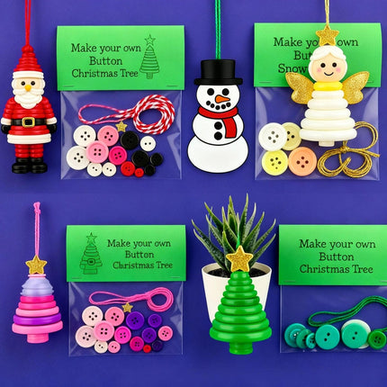 Christmas gift Christmas Button Ornament - Festive Santa Design Craft Kit- Set of 5 pieces（Santa Claus、Snowman、angel、Red Christmas tree and green Christmas tree）.