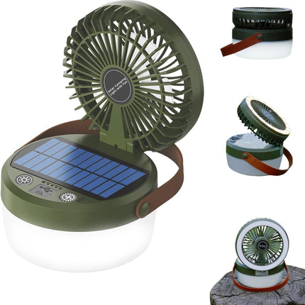 Camping Light with Fan, Portable Hanging Lamp for Tent, IPX4 Waterproof, 4 Mode Light Camping Lantern and 3 -Speed Quiet Fan,USB & Auxiliary Solar Charging，for Camping/College Dorm (Army Green).