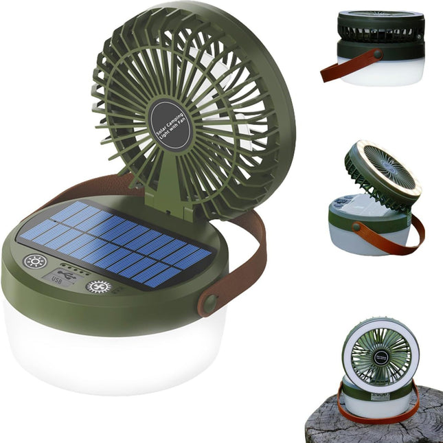 Camping Light with Fan, Portable Hanging Lamp for Tent, IPX4 Waterproof, 4 Mode Light Camping Lantern and 3 -Speed Quiet Fan,USB & Auxiliary Solar Charging，for Camping/College Dorm (Army Green).