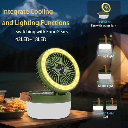 Camping Light with Fan, Portable Hanging Lamp for Tent, IPX4 Waterproof, 4 Mode Light Camping Lantern and 3 -Speed Quiet Fan,USB & Auxiliary Solar Charging，for Camping/College Dorm (Army Green).