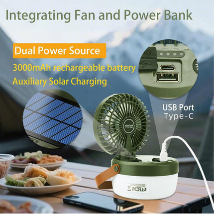 Camping Light with Fan, Portable Hanging Lamp for Tent, IPX4 Waterproof, 4 Mode Light Camping Lantern and 3 -Speed Quiet Fan,USB & Auxiliary Solar Charging，for Camping/College Dorm (Army Green).