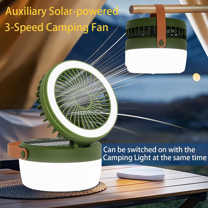 Camping Light with Fan, Portable Hanging Lamp for Tent, IPX4 Waterproof, 4 Mode Light Camping Lantern and 3 -Speed Quiet Fan,USB & Auxiliary Solar Charging，for Camping/College Dorm (Army Green).