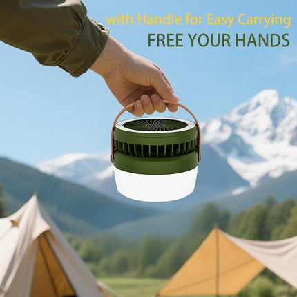 Camping Light with Fan, Portable Hanging Lamp for Tent, IPX4 Waterproof, 4 Mode Light Camping Lantern and 3 -Speed Quiet Fan,USB & Auxiliary Solar Charging，for Camping/College Dorm (Army Green).