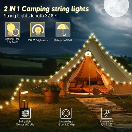 Solar Camping String Lights: 5-Mode IPX4 Waterproof USB/Solar Powered 2-in-1 for Outdoor Tents, Hiking & Party Decor.