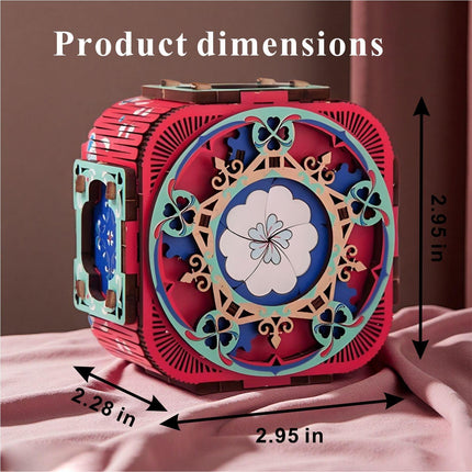 3D Wooden Music Box with LED Light – DIY Mechanical Puzzle Kit, Handcrafted Jewelry Storage, Romantic Gift for Her or Him (Red).