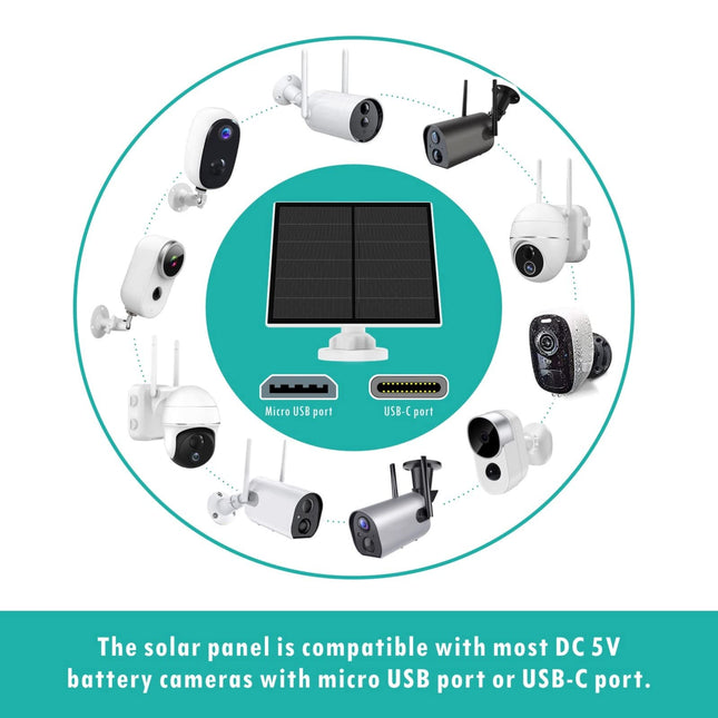 5W Solar Panel for Outdoor Security Camera – 5V USB Charger with 9.8ft Cable, IP65 Waterproof, Adjustable Mount, Compatible with Most Battery Cameras (White).