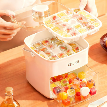 Portable Ice Cube Maker with Storage Drawer – BPA-Free, 48-Cube Capacity, Push-Release Tray & Transparent Lid for Cocktails, Coffee, Whiskey(White).