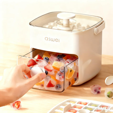 Portable Ice Cube Maker with Storage Drawer – BPA-Free, 48-Cube Capacity, Push-Release Tray & Transparent Lid for Cocktails, Coffee, Whiskey(White).