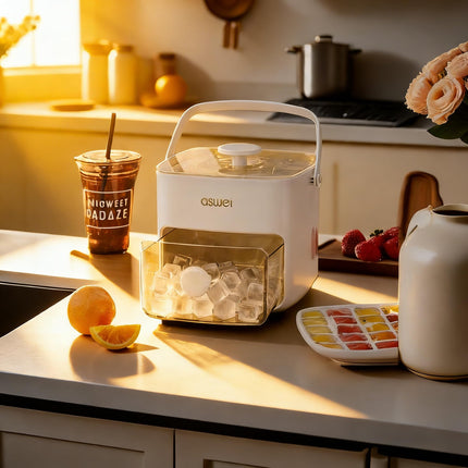 Portable Ice Cube Maker with Storage Drawer – BPA-Free, 48-Cube Capacity, Push-Release Tray & Transparent Lid for Cocktails, Coffee, Whiskey(White).