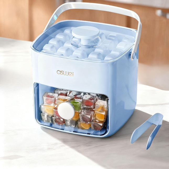 Portable Ice Cube Maker with Storage Drawer – BPA-Free, 48-Cube Capacity, Push-Release Tray & Transparent Lid for Cocktails, Coffee, Whiskey(Blue).