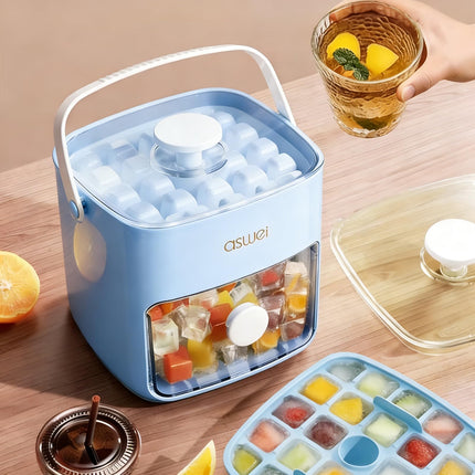 Portable Ice Cube Maker with Storage Drawer – BPA-Free, 48-Cube Capacity, Push-Release Tray & Transparent Lid for Cocktails, Coffee, Whiskey(Blue).