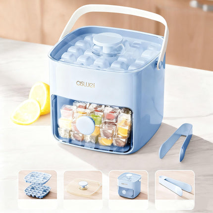 Portable Ice Cube Maker with Storage Drawer – BPA-Free, 48-Cube Capacity, Push-Release Tray & Transparent Lid for Cocktails, Coffee, Whiskey(Blue).