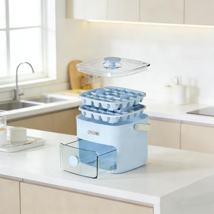Portable Ice Cube Maker with Storage Drawer – BPA-Free, 48-Cube Capacity, Push-Release Tray & Transparent Lid for Cocktails, Coffee, Whiskey(Blue).