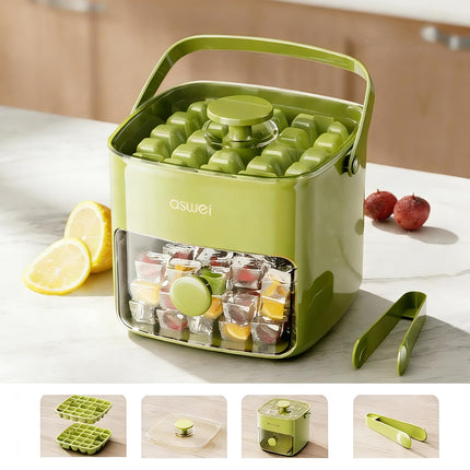 Portable Ice Cube Maker with Storage Drawer – BPA-Free, 48-Cube Capacity, Push-Release Tray & Transparent Lid for Cocktails, Coffee, Whiskey(Green).