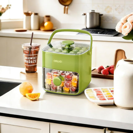 Portable Ice Cube Maker with Storage Drawer – BPA-Free, 48-Cube Capacity, Push-Release Tray & Transparent Lid for Cocktails, Coffee, Whiskey(Green).