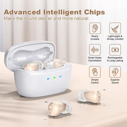Rechargeable Behind-the-Ear Hearing Aids with Charging Case – Compact Sound Amplifier for Adults & Seniors with Memory Volume (White Case, Skin Tone Device).