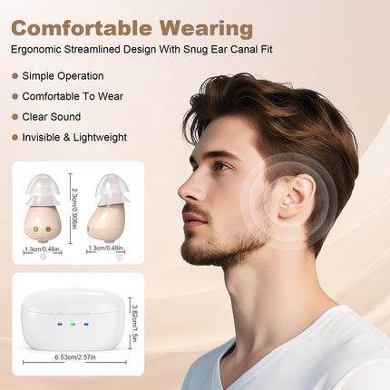Rechargeable Behind-the-Ear Hearing Aids with Charging Case – Compact Sound Amplifier for Adults & Seniors with Memory Volume (White Case, Skin Tone Device).