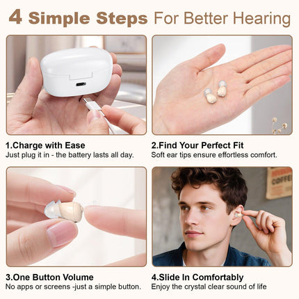 Rechargeable Behind-the-Ear Hearing Aids with Charging Case – Compact Sound Amplifier for Adults & Seniors with Memory Volume (White Case, Skin Tone Device).