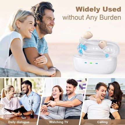 Rechargeable Behind-the-Ear Hearing Aids with Charging Case – Compact Sound Amplifier for Adults & Seniors with Memory Volume (White Case, Skin Tone Device).