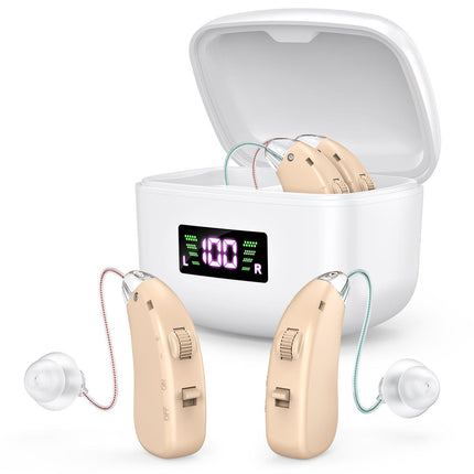 Rechargeable Behind-the-Ear Hearing Aids with Charging Case & LCD Display – Compact Sound Amplifier for Adults and Seniors (White Case, Skin Tone Device).