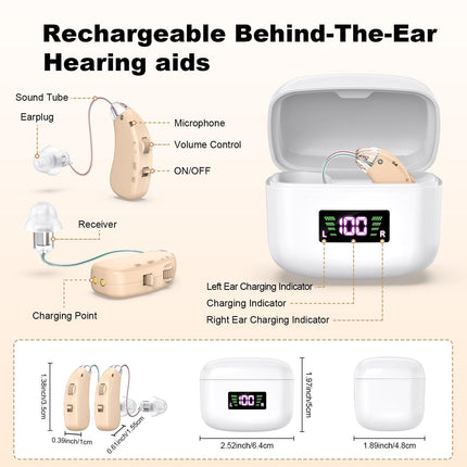Rechargeable Behind-the-Ear Hearing Aids with Charging Case & LCD Display – Compact Sound Amplifier for Adults and Seniors (White Case, Skin Tone Device).