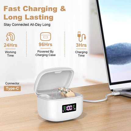 Rechargeable Behind-the-Ear Hearing Aids with Charging Case & LCD Display – Compact Sound Amplifier for Adults and Seniors (White Case, Skin Tone Device).