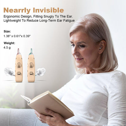 Rechargeable Behind-the-Ear Hearing Aids with Charging Case & LCD Display – Compact Sound Amplifier for Adults and Seniors (White Case, Skin Tone Device).