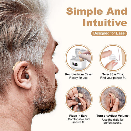 Rechargeable Behind-the-Ear Hearing Aids with Charging Case & LCD Display – Compact Sound Amplifier for Adults and Seniors (White Case, Skin Tone Device).
