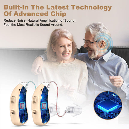 Rechargeable Behind-the-Ear Hearing Aids with Charging Case & LCD Display – Compact Sound Amplifier for Adults and Seniors (White Case, Skin Tone Device).