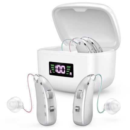 Rechargeable Behind-the-Ear Hearing Aids with Charging Case & LCD Display – Compact Sound Amplifier for Adults and Seniors (White Case, Silver Device).