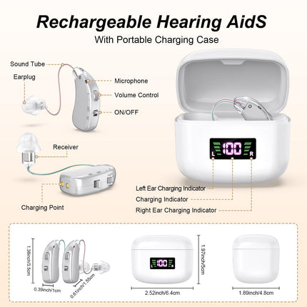 Rechargeable Behind-the-Ear Hearing Aids with Charging Case & LCD Display – Compact Sound Amplifier for Adults and Seniors (White Case, Silver Device).