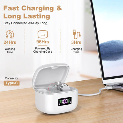 Rechargeable Behind-the-Ear Hearing Aids with Charging Case & LCD Display – Compact Sound Amplifier for Adults and Seniors (White Case, Silver Device).