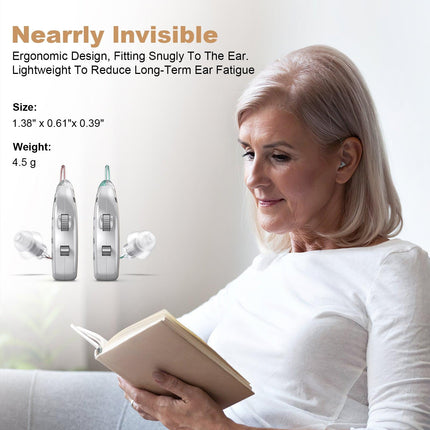 Rechargeable Behind-the-Ear Hearing Aids with Charging Case & LCD Display – Compact Sound Amplifier for Adults and Seniors (White Case, Silver Device).
