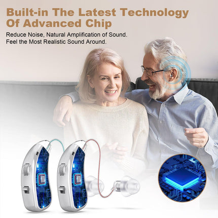 Rechargeable Behind-the-Ear Hearing Aids with Charging Case & LCD Display – Compact Sound Amplifier for Adults and Seniors (White Case, Silver Device).